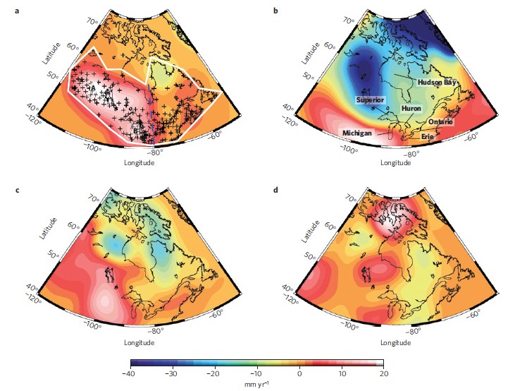 Hydrology trend rates in North America in equivalent water thickness.